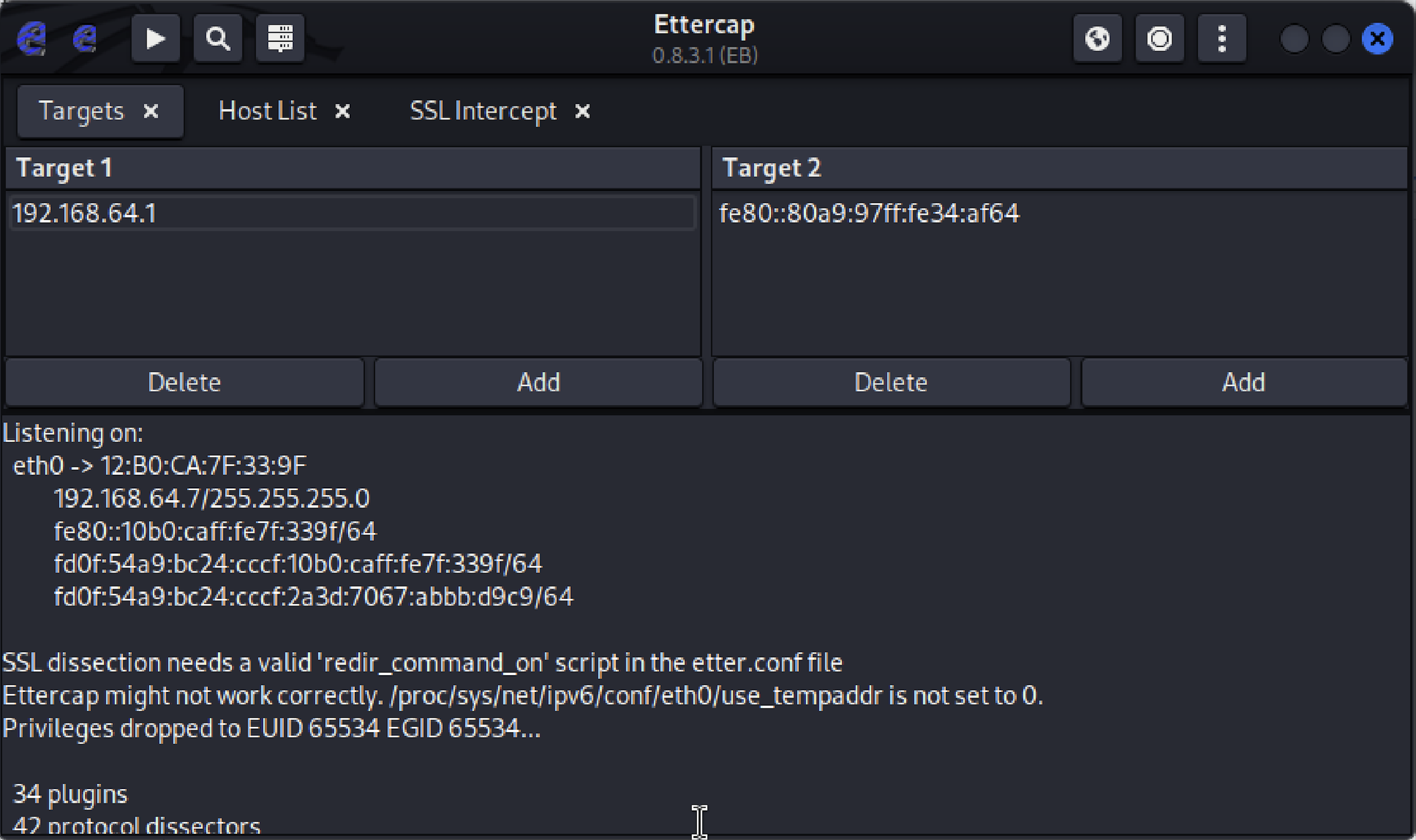 Ettercap SSL intercept view during a VPN session, showing only encrypted payload.