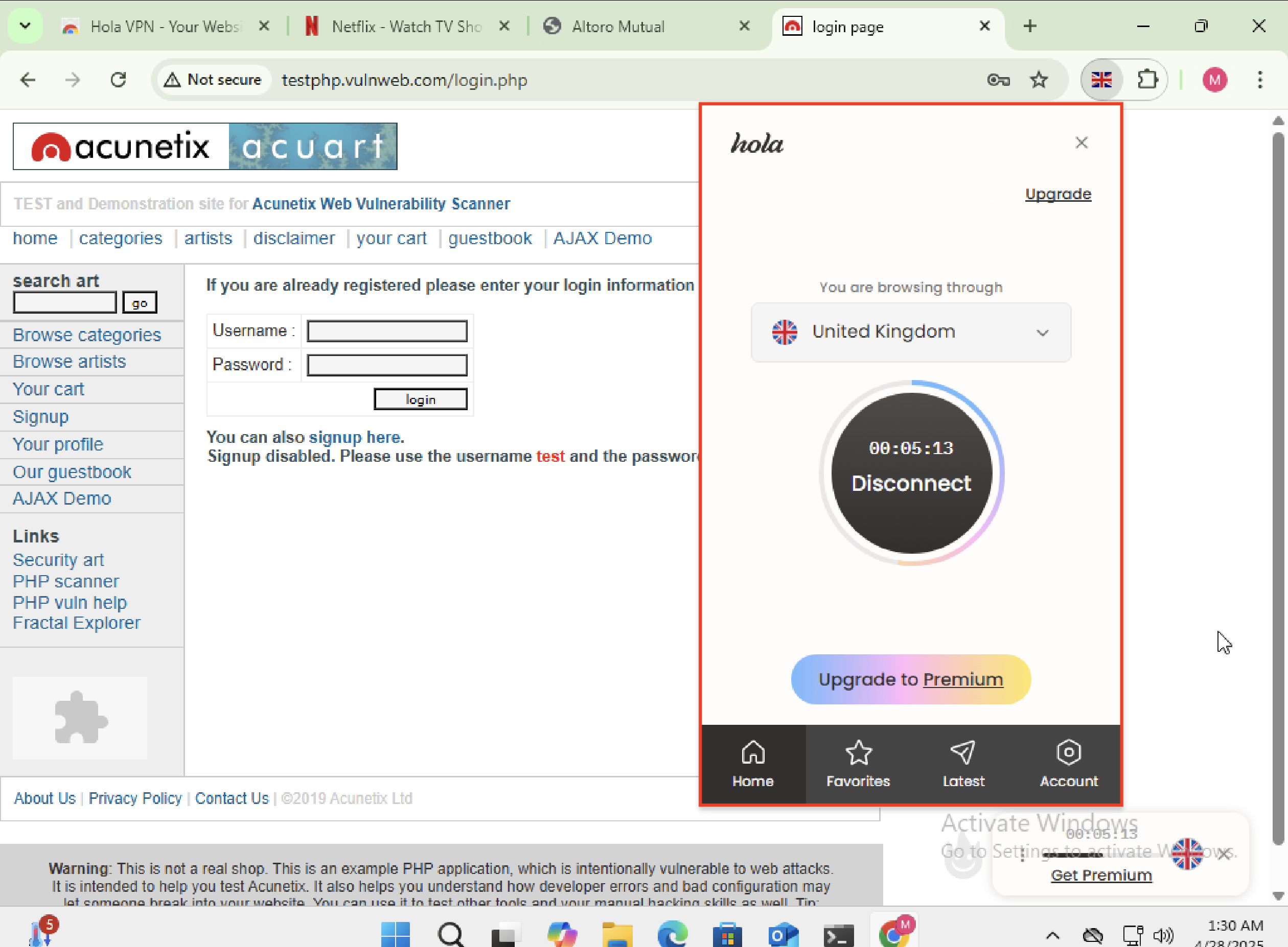 Browser using an insecure HTTP test site while a VPN client is connected.