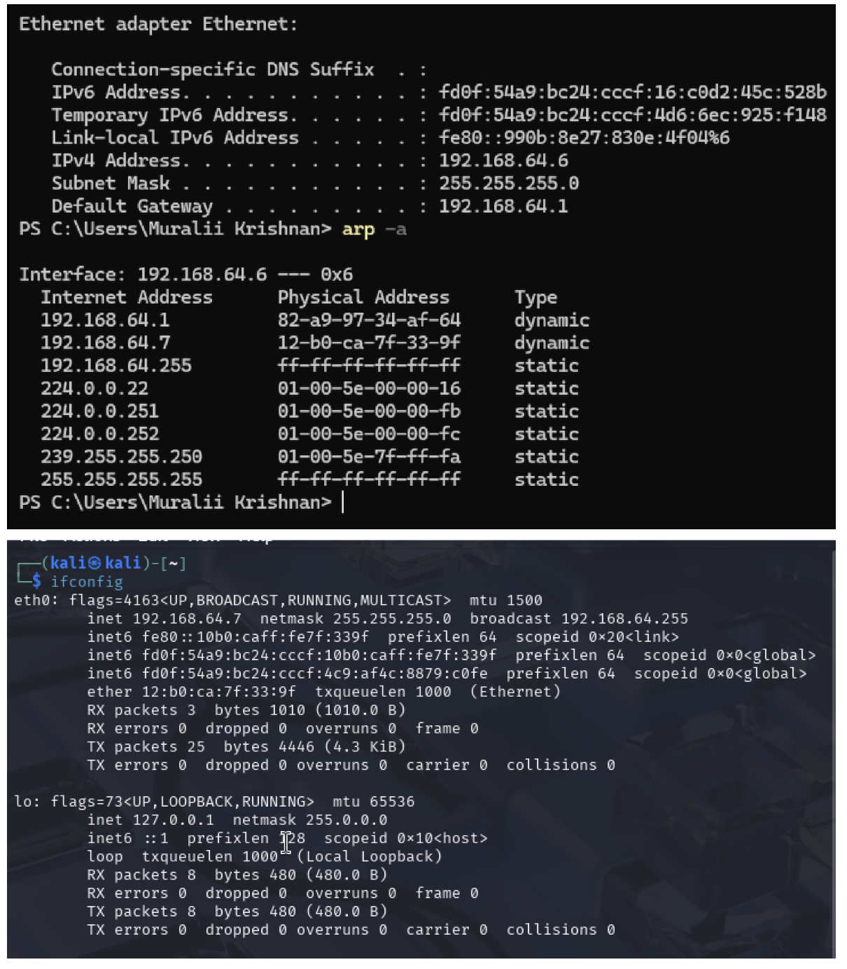 Terminal output showing ARP tables and network interfaces on both attacker and victim.