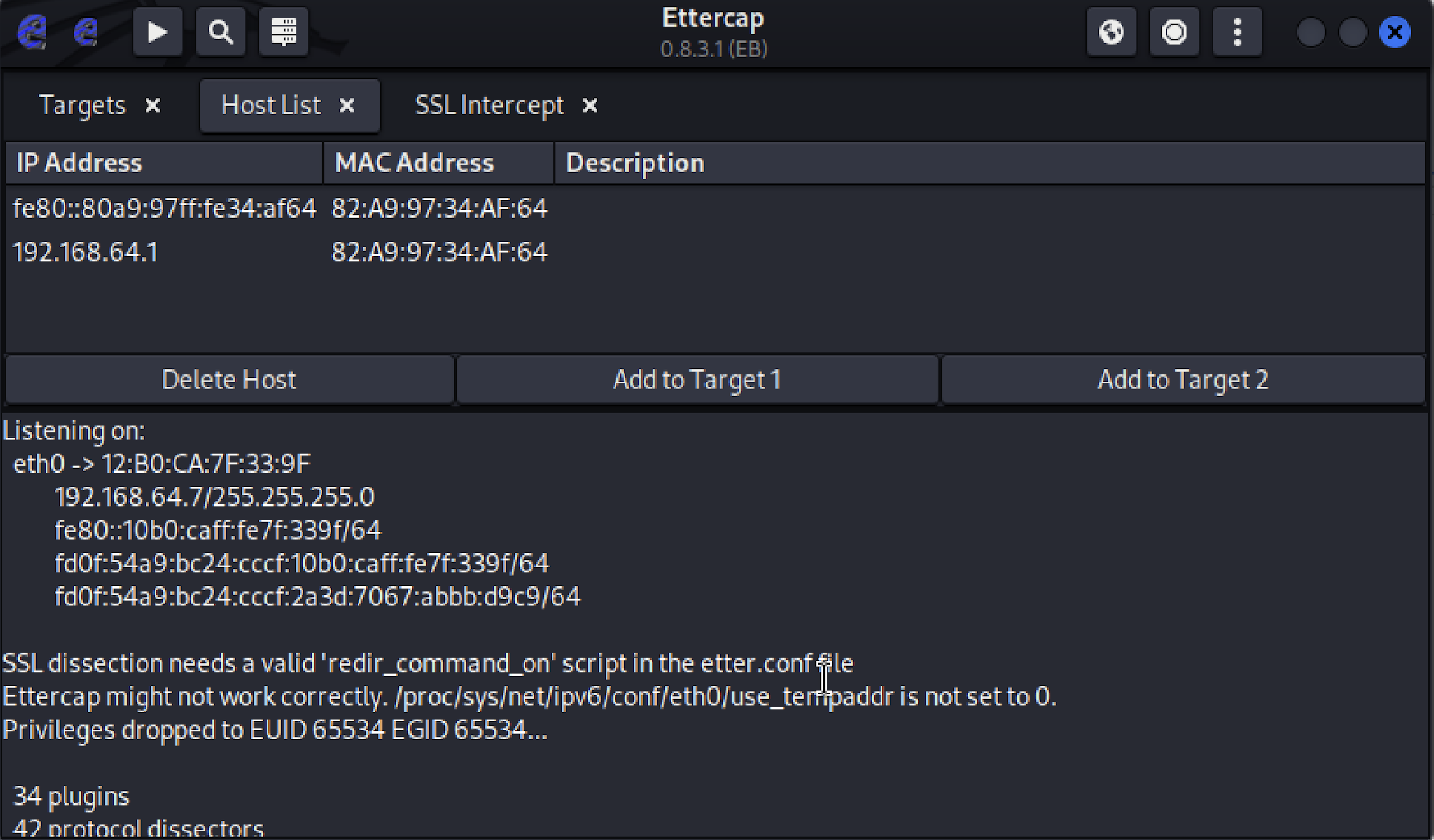 Ettercap GUI showing two targets added and the ARP poisoning session live.