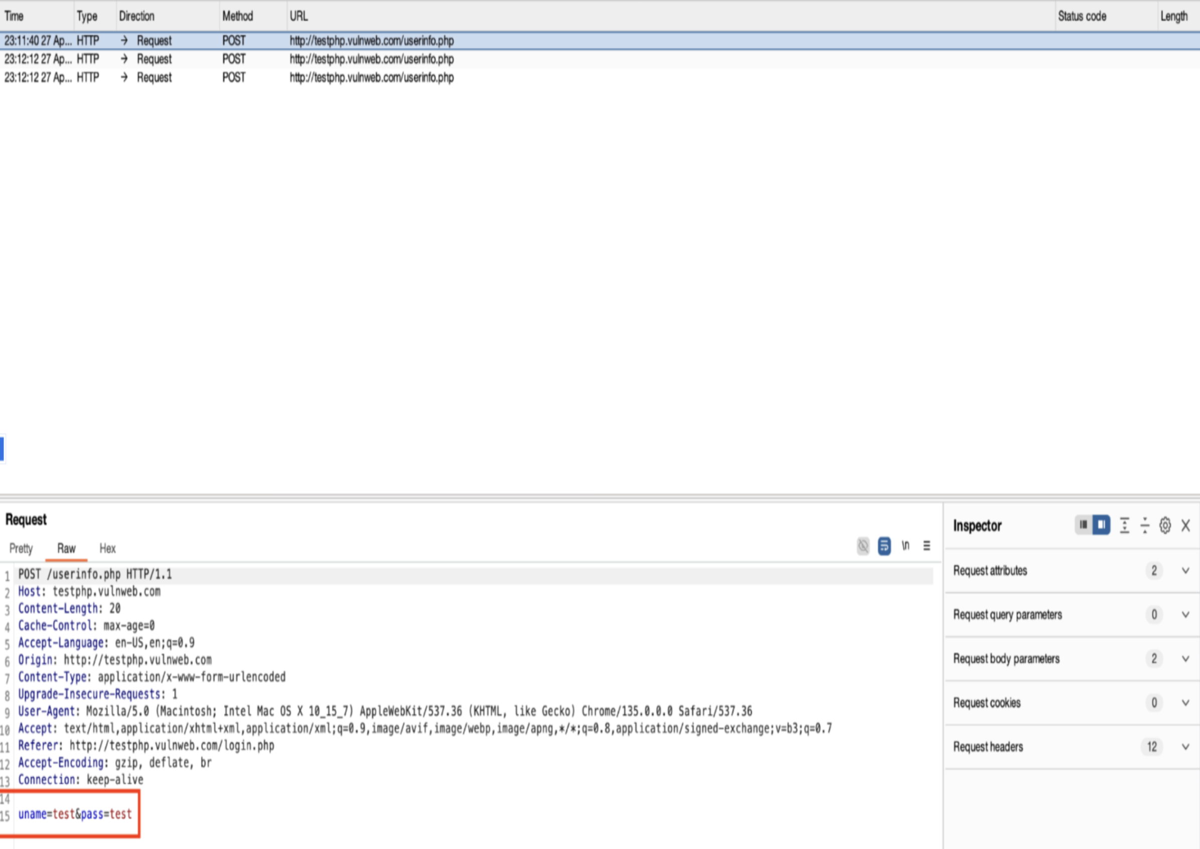 Burp Suite intercepting a POST request from the victim.