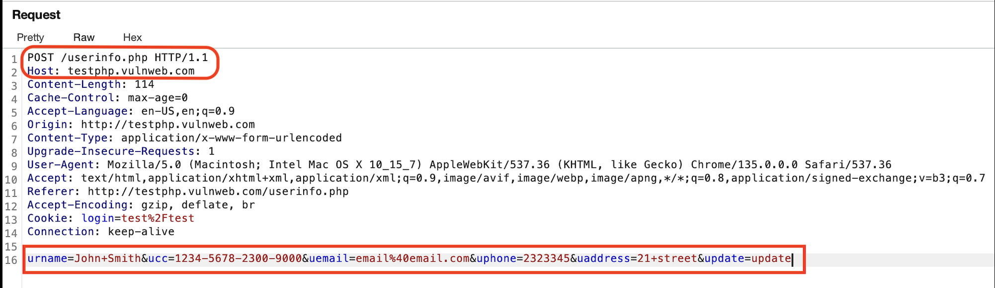 Burp Suite showing captured username and password in request body.