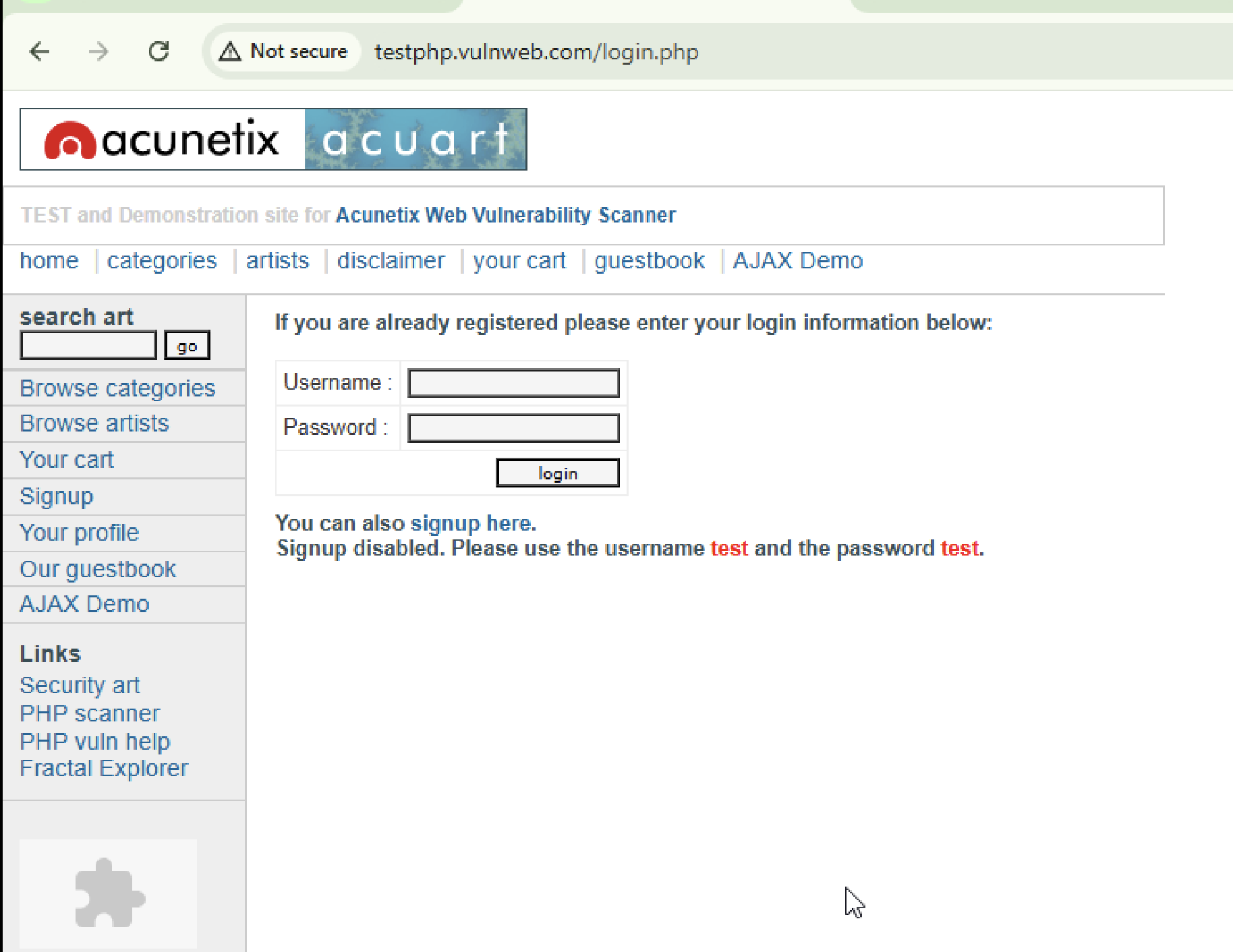 Screenshot of the acuart test website login page.