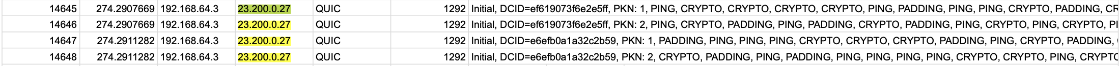 Wireshark showing QUIC protected payload records from a VPN session.
